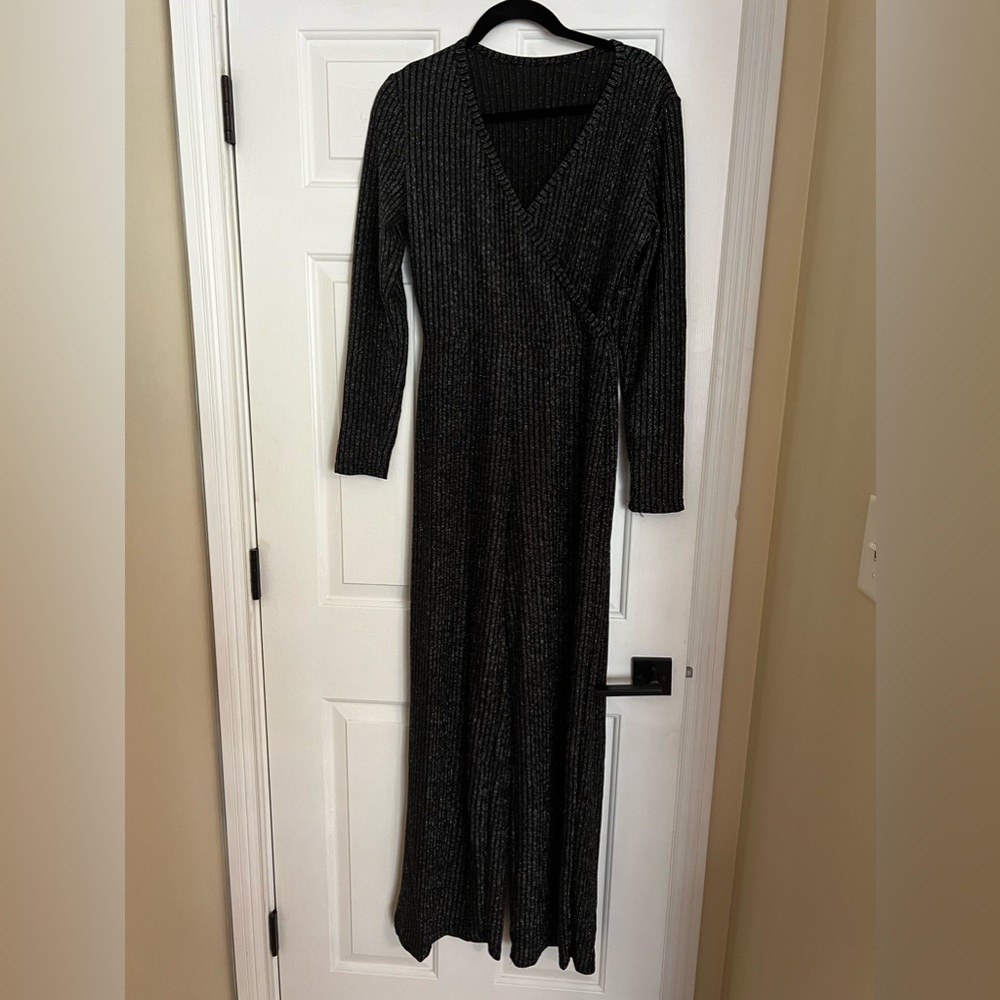 Wrap Syle Jumpsuit - Black & Silver Pinstripe
